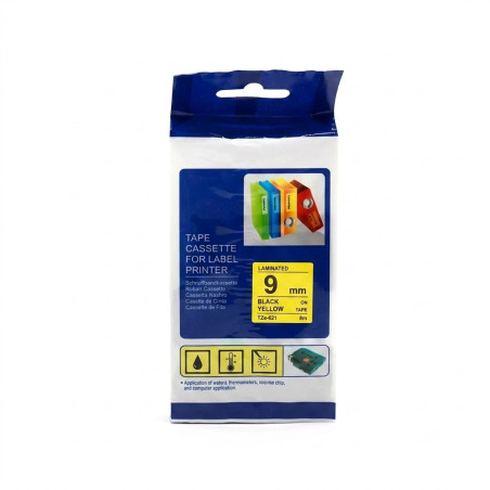 TZc-621 CINTA COMPATIBLE PARA ROTULADORA  ADHESIVAS DE FONDO AMARILLO CON LETRAS NEGRAS 9MM X 8M