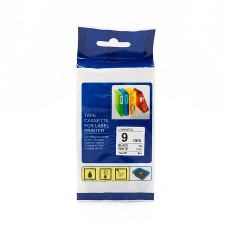 TZc-221 CINTA COMPATIBLE PARA ROTULADORA ADHESIVAS DE FONDO BLANCO CON LETRAS NEGRAS 9MM X 8M