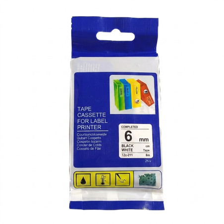 TZc-211 CINTA COMPATIBLE PARA ROTULADORA ADHESIVAS DE FONDO BLANCO CON LETRAS NEGRAS 6MM X 8M