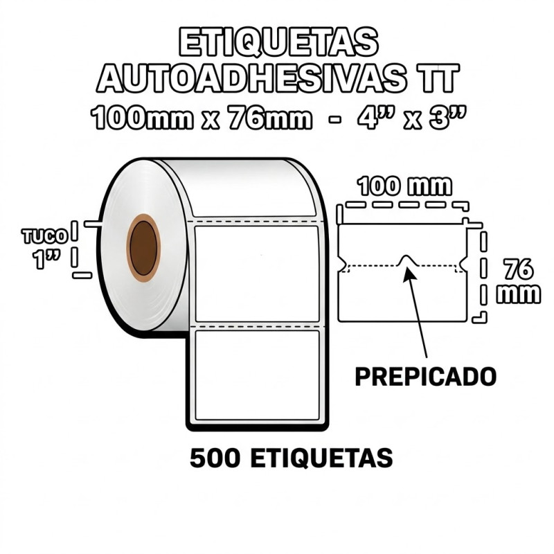 ROLLO DE ETIQUETAS AUTOADHESIVAS 76MM X 100MM TUCO 1" CON PREPICADO