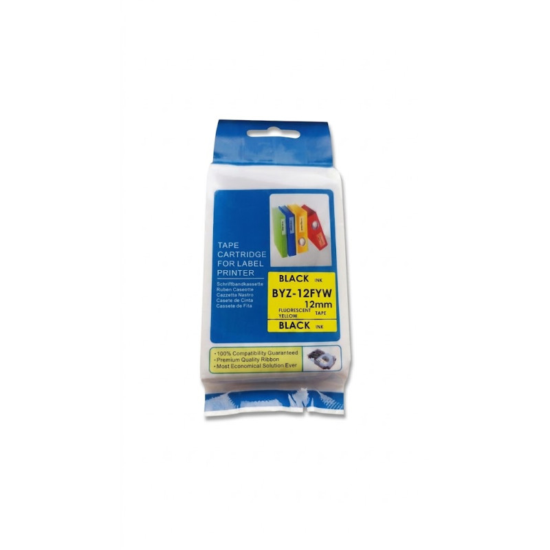 CINTA COMPATIBLE CASIO BYZ-12FYW 12MM X 8M FONDO FLUORESCENTE AMARILLO CON LETRAS NEGRAS